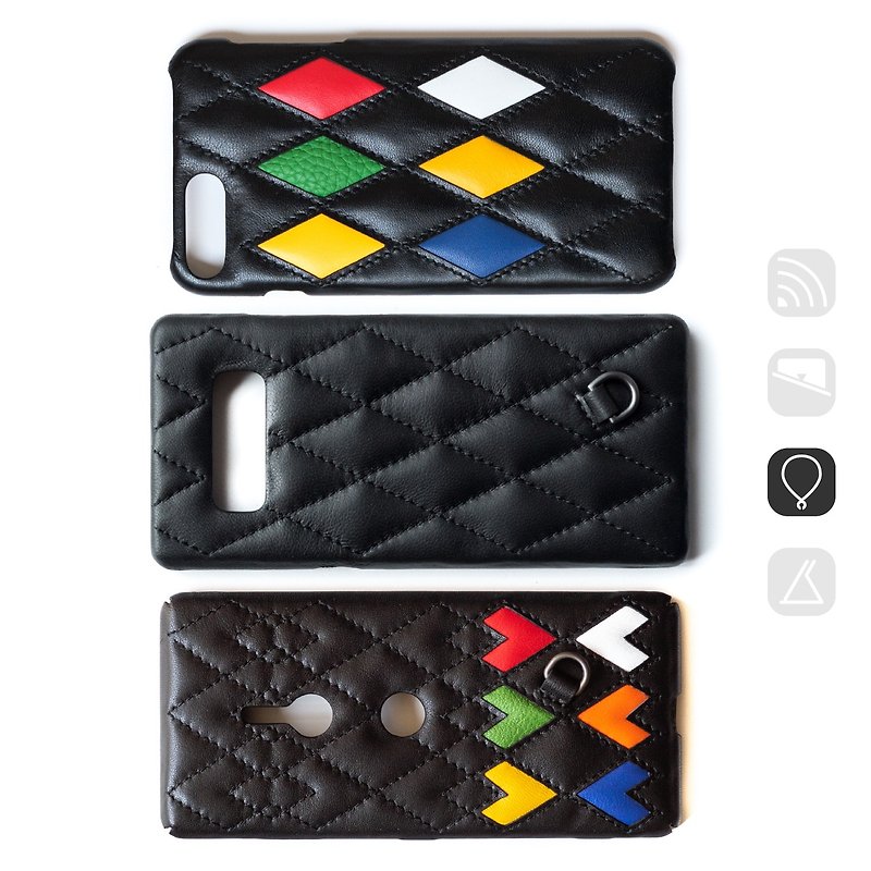 Freda rhombus leather phone case can be embossed iPhone Android all models can be customized - Phone Cases - Genuine Leather Multicolor
