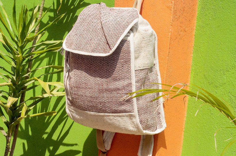 After stitching design cotton Linen backpack / shoulder bag / ethnic mountaineering bag / backpack after computer - Coffee Hill geometry - Backpacks - Cotton & Hemp Brown