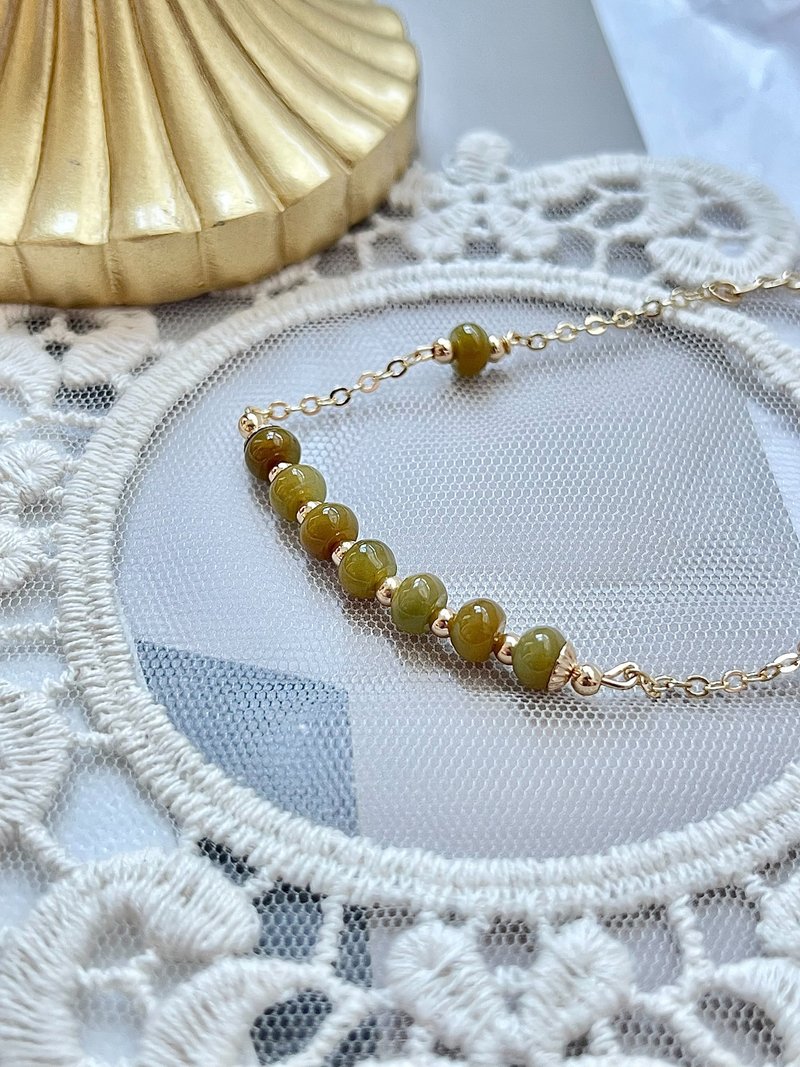 Natural Jadeite Type A - 14K Gold Filled Green Mix Yellow Jade Bracelet - สร้อยข้อมือ - หยก สีทอง