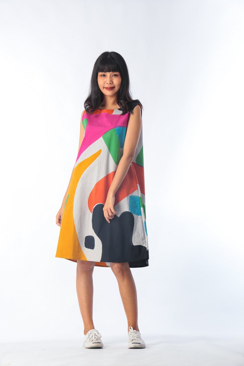 Short Dress Linen Hand Paint For Summer Beach Vacation - 洋裝/連身裙 - 棉．麻 黃色