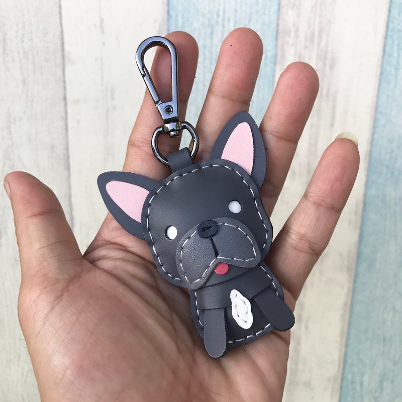 Healing small things handmade leather dark gray law fighting dog hand-sewn key ring small size - ที่ห้อยกุญแจ - หนังแท้ สีเทา