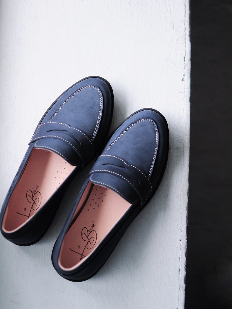 Nubuck Leather Loafers (Blue) - รองเท้าอ็อกฟอร์ดผู้หญิง - หนังแท้ สีน้ำเงิน