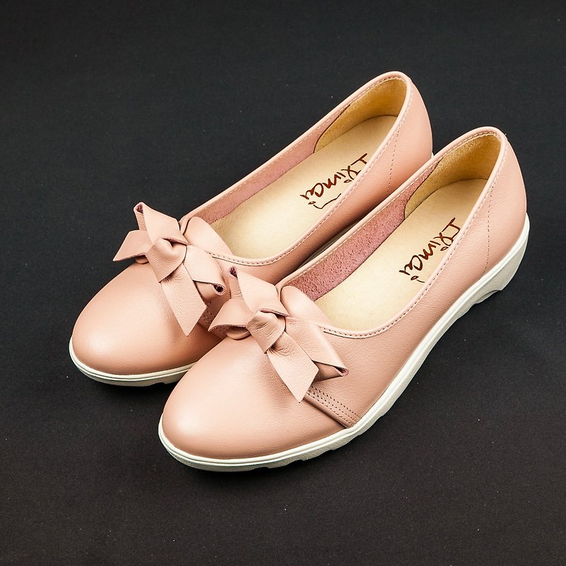 Temperament Leather Bowknot Wedge-shaped Sole Doll Shoes-Rose Quartz Pink - รองเท้าหนังผู้หญิง - หนังแท้ สึชมพู
