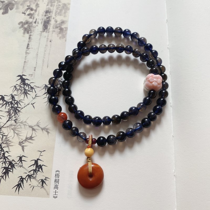 小庭花影。天然堇青石兩圈手鏈 蜜蠟老蠟鈕子編織吊墜女皇貝柿子 - 手鍊/手環 - 其他材質 藍色