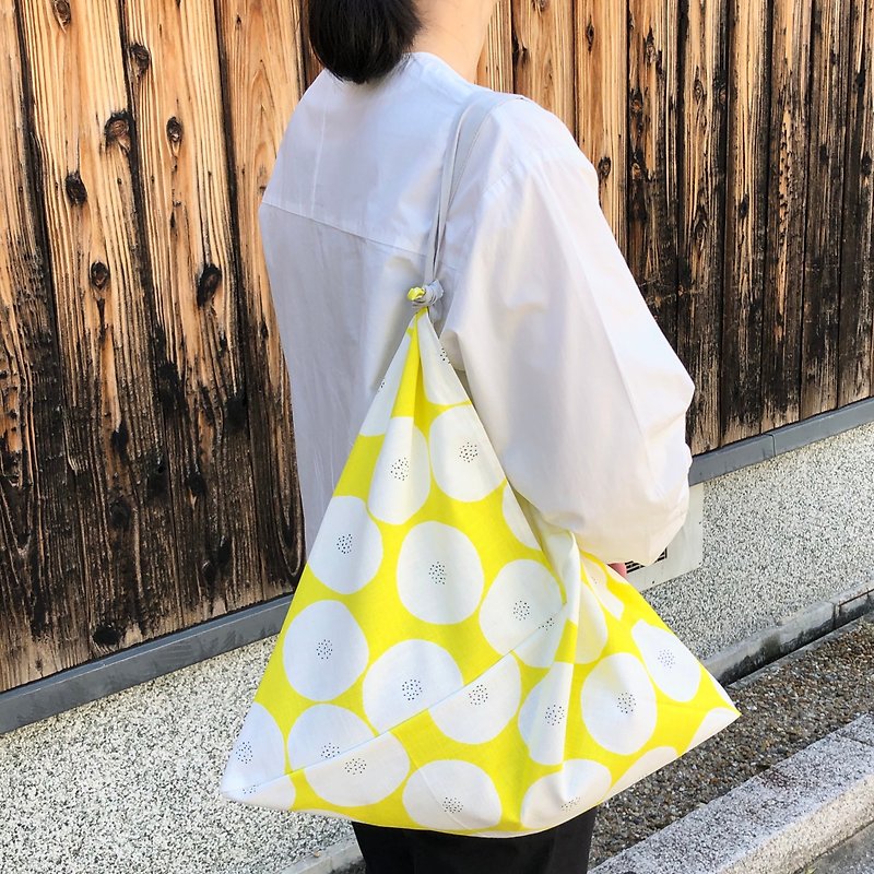 棉．麻 手提包/手提袋 黃色 - 吾妻袋 購物袋 手提包 圓花款-黃×白 M size