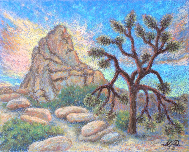 Joshua Tree Painting Original Art National Park Art Oil Pastel Landscape - Posters - Paper Multicolor