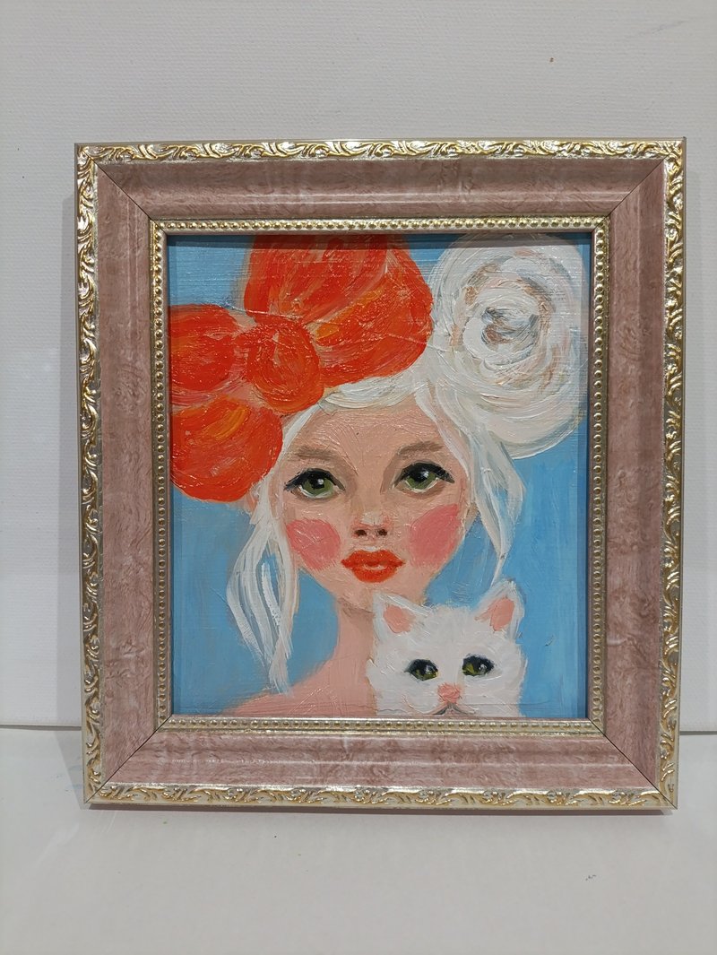 Girl with White Cat Painting Original Art Portrait Art Cute Girl Oil Painting - 海報/掛畫/掛布 - 棉．麻 粉紅色