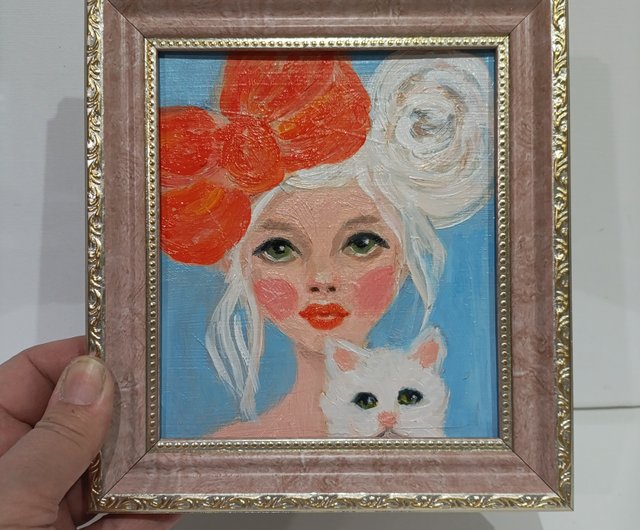 白い猫の絵を持つ少女オリジナルアート肖像画かわいい女の子の