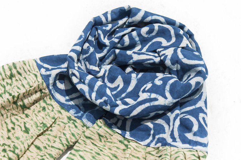 Blue dyed silk scarf/batik tie-dye silk scarf/plant dyed scarf/indigo woodcut print silk scarf-forest vine - ผ้าพันคอ - ผ้าฝ้าย/ผ้าลินิน หลากหลายสี