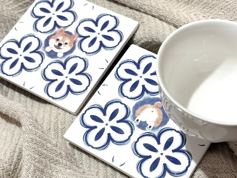 花磚かくれんぼコースター 柴犬のお尻セット | ウェディングギフト 陶器 立体模様 - コースター - 陶器 多色