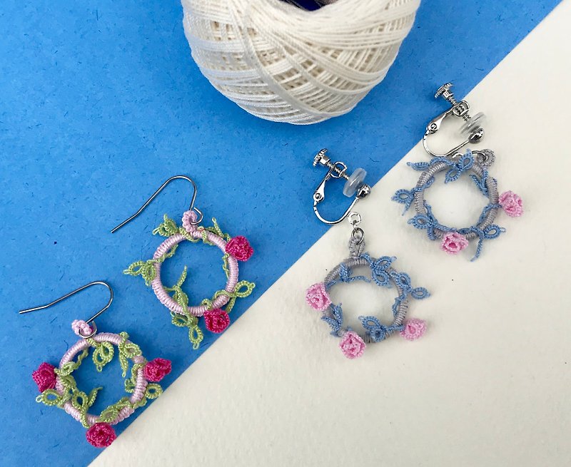 3D rose ring earrings / Clip-ons / gift - Earrings & Clip-ons - Cotton & Hemp Multicolor