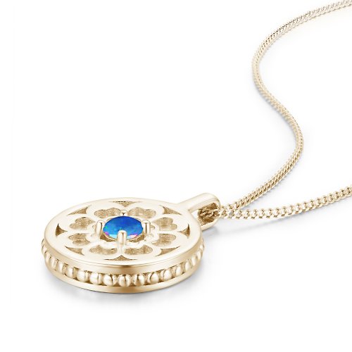 Majade Jewelry Design 藍蛋白石錢幣項鍊-個性訂製銀幣吊墜-純銀徽章頸鍊-10月生日石