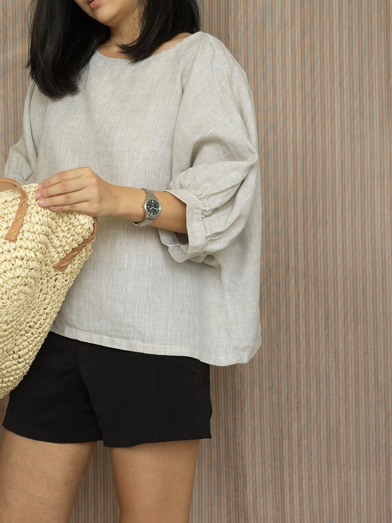 Beige balloon sleeve linen blouse / 100% linen / loosely style - 女上衣/長袖上衣 - 亞麻 灰色