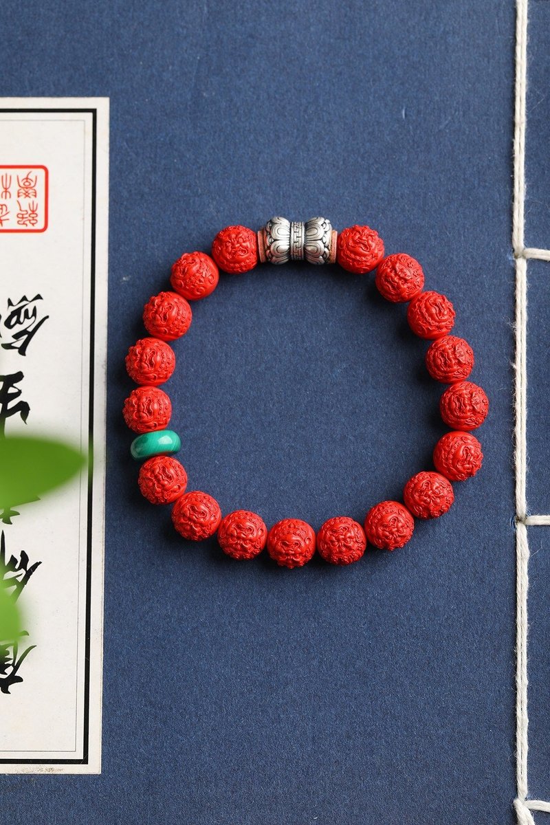 Natural cinnabar fine red sand yellow wealth god bracelet 10mm content more than 95% - สร้อยข้อมือ - เครื่องเพชรพลอย 