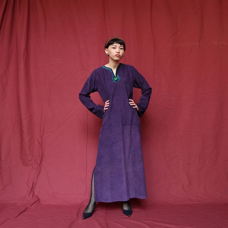 Pumpkin Vintage. Ancient purple corduroy ethnic style embroidered dress - One Piece Dresses - Other Materials Purple