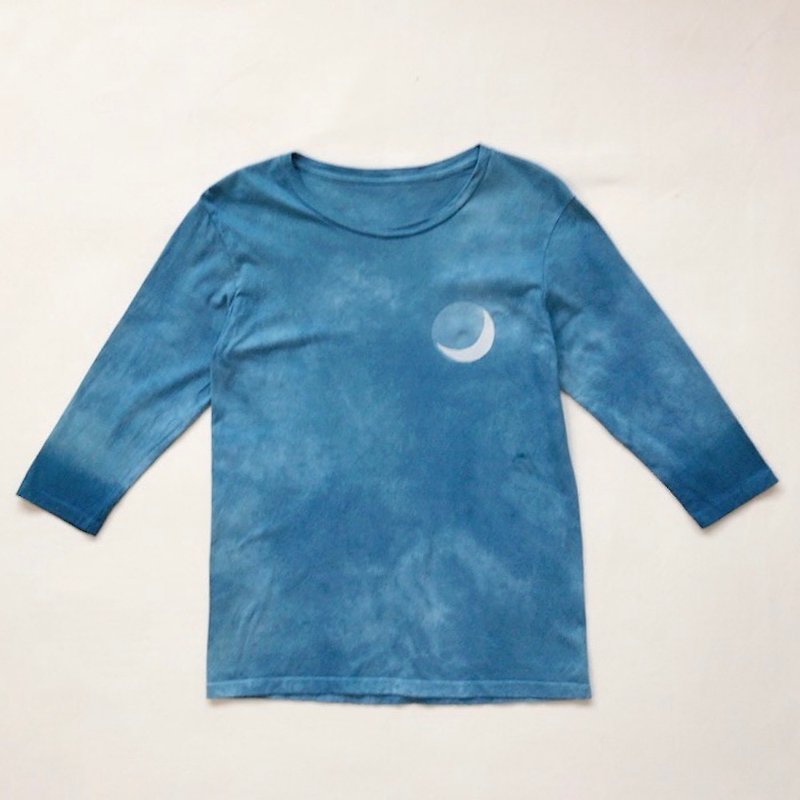 Indigo dyed Aizen - BLUE MOON three-quarter-length Sleeve Crew TEE - Women's T-Shirts - Cotton & Hemp Blue
