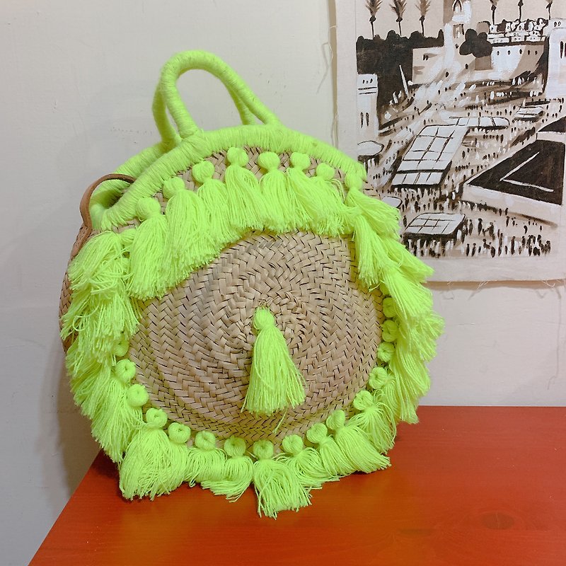 モロッコ ナツメヤシ 手織りバッグ タッセル バスケット アフリカンイエロー - トート・ハンドバッグ - サステナブル素材 イエロー