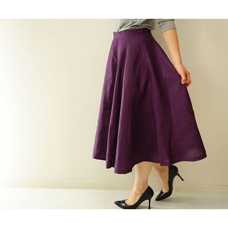 [Wafu] Belgian linen 100% Diagonal ctting flare skirt · lined / Mayfair rose sk2-8 - Skirts - Cotton & Hemp Purple