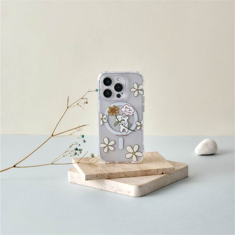 NEKO OJIMEOW holds a small chrysanthemum, anti-yellow and anti-fall MagSafe iPhone mobile phone case - เคส/ซองมือถือ - พลาสติก สีใส