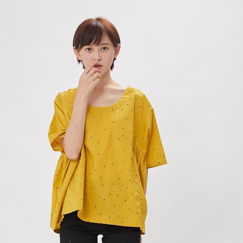 Swing Gathering Sleeve  Relaxed Cotton Polka dotted Top /Yellow - Women's Tops - Cotton & Hemp Yellow