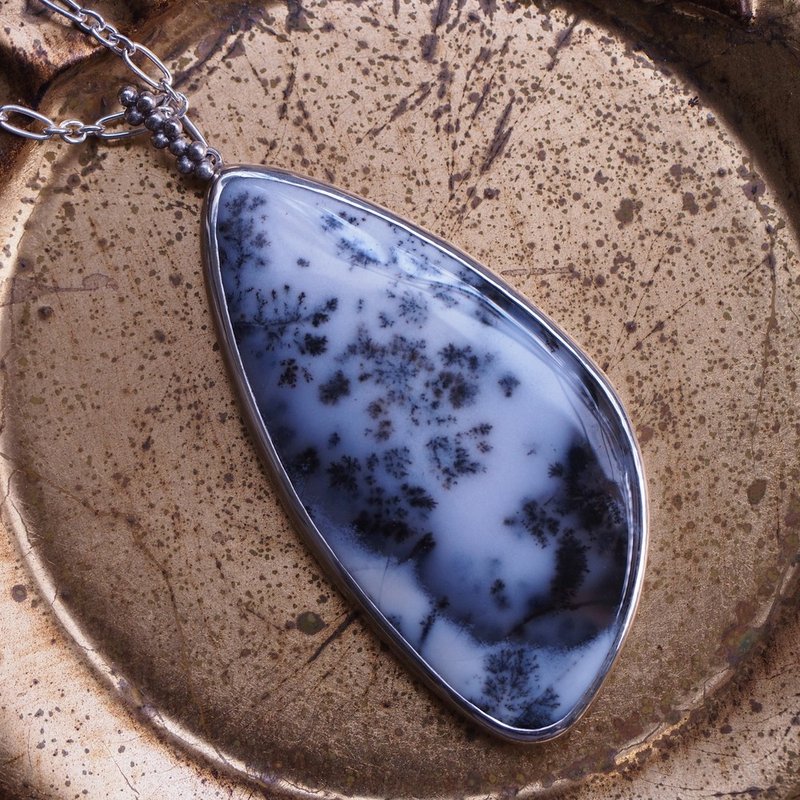 大顆 天然樹枝蛋白 雪松石  Dendritic Opal 手工純銀項鍊 - 項鍊 - 半寶石 白色