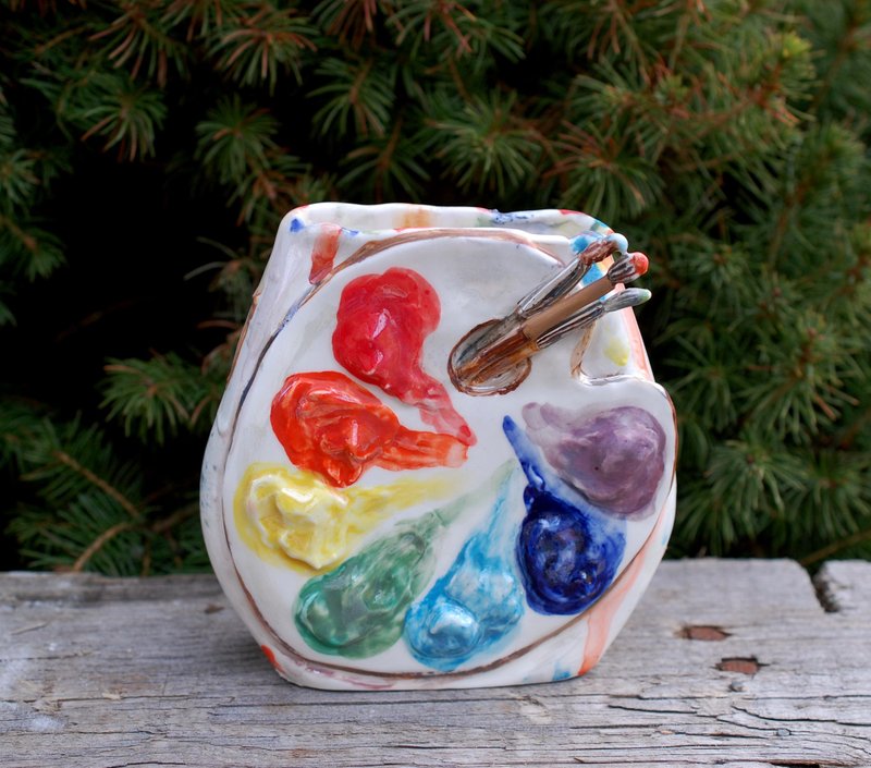 Artist's palette Ceramic Holder Small flat vase Decorative figurine - 花瓶/花器 - 瓷 多色