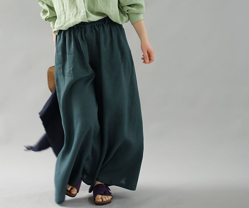 wafu  linen wide pants / gaucho / long length / elastic waist / green b002g-kai1 - กางเกงขายาว - ผ้าฝ้าย/ผ้าลินิน สีเขียว