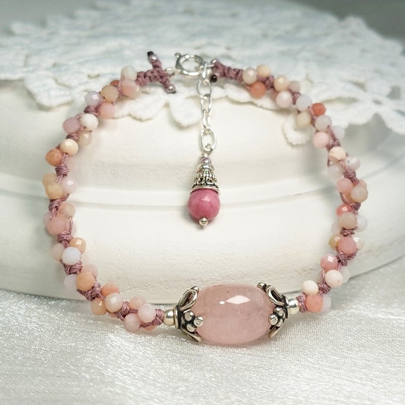 Bracelet pink morganite powder opal rhodonite 925 silver decorated Wax thread braided bracelet - สร้อยข้อมือ - เครื่องเพชรพลอย สึชมพู