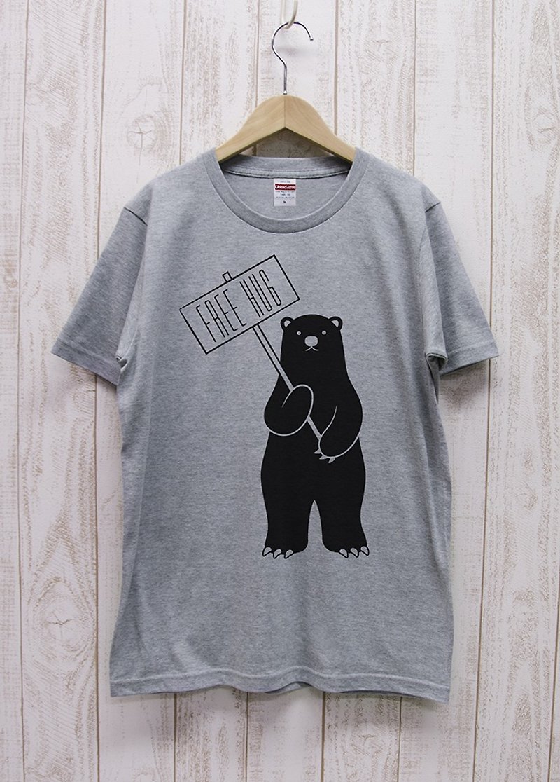 FREE HUG Guide Black Bear Heather Gray / R012-T-GR - เสื้อฮู้ด - ผ้าฝ้าย/ผ้าลินิน สีเทา