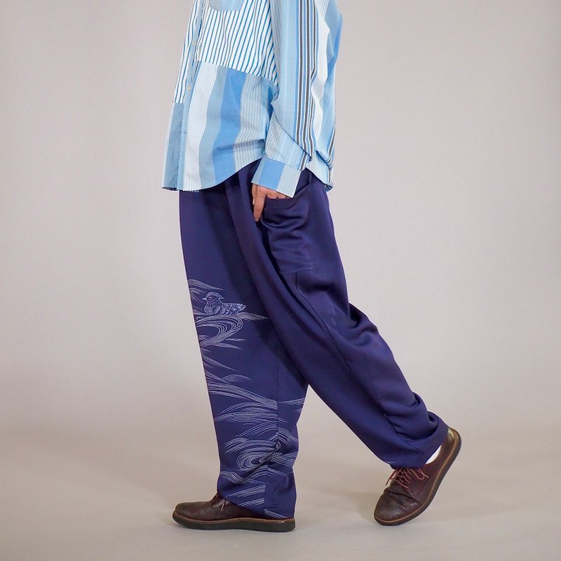 【日本製造】復古和服翻拍、諾拉褲、錐形寬腿、均碼、寬鬆褲 - 男長褲/休閒褲 - 絲．絹 藍色