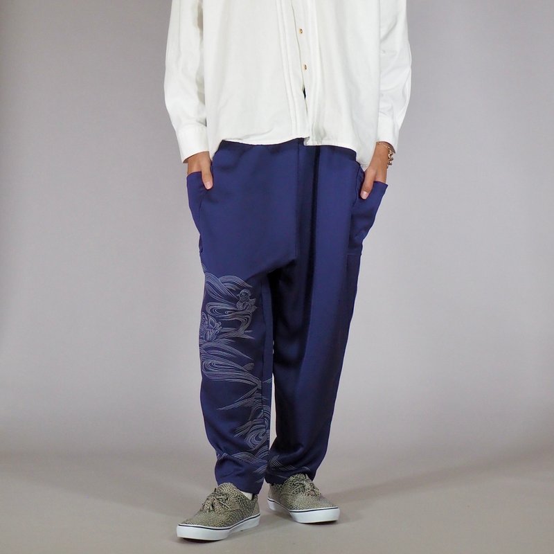 【日本製造】復古和服翻拍、諾拉褲、錐形寬腿、均碼、寬鬆褲 - 男長褲/休閒褲 - 絲．絹 藍色