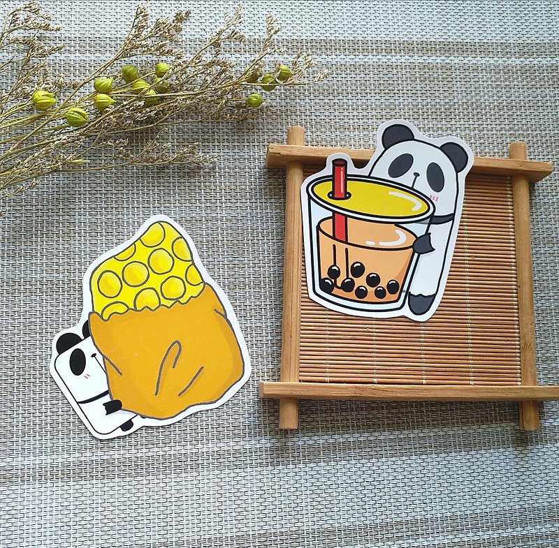 可愛熊貓大貼紙 2張- 【雞蛋仔】【珍珠奶茶】 - 貼紙 - 紙 多色