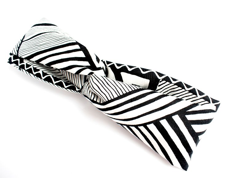 Valentines Gift- Black White Geometric Pattern Cotton Headband - เครื่องประดับผม - ผ้าฝ้าย/ผ้าลินิน ขาว