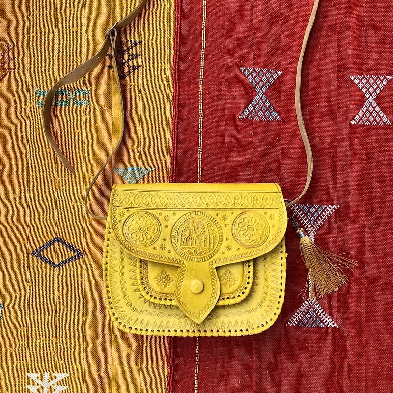 摩洛哥 手工 番紅花 黃駱駝包 - 側背包/斜孭袋 - 真皮 黃色