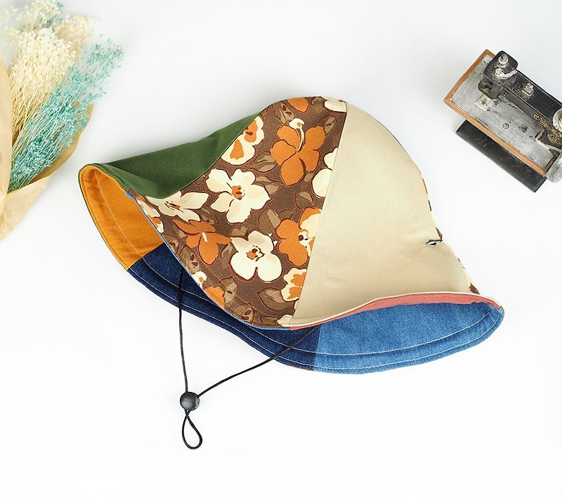 Mavericks handmade double-sided hats men and women hats hats can be bent wind rope detachable practical earth color mother's day gift 'inlaid gold petals' [HB-08] limited ancient cloth - หมวก - ผ้าฝ้าย/ผ้าลินิน สีนำ้ตาล