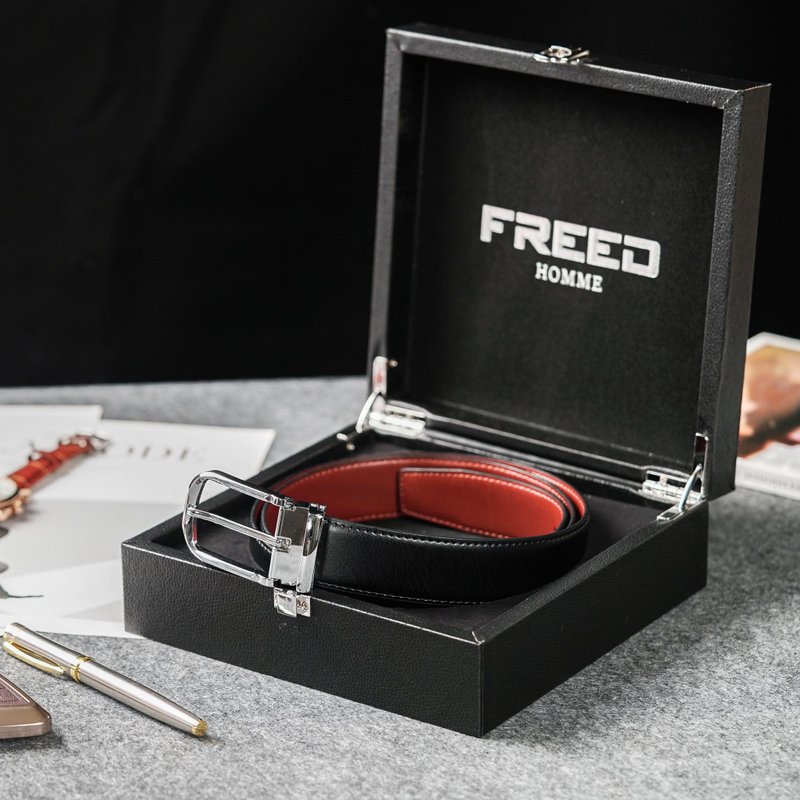 【FREED】Fashionable silver horseshoe buckle business formal first layer cowhide leather belt - เข็มขัด - หนังแท้ สีดำ