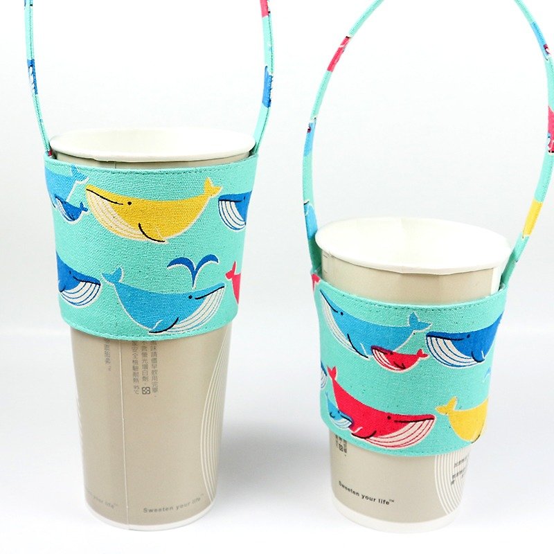 Beverage Cup Set Eco Cup Set Bag - Whale (Green) - ถุงใส่กระติกนำ้ - ผ้าฝ้าย/ผ้าลินิน สีเขียว