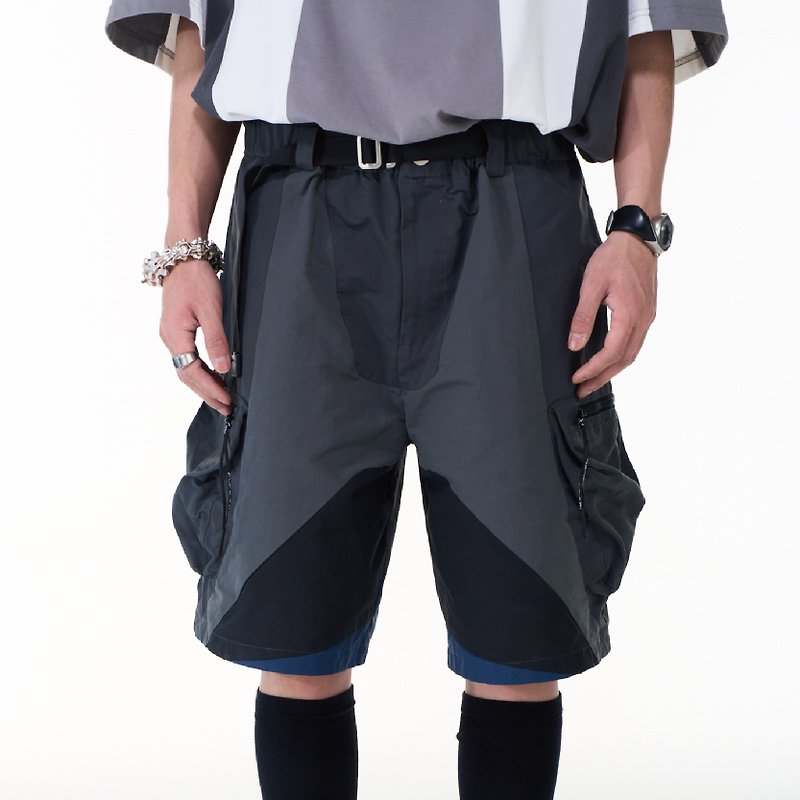 Color-blocking deconstructed profile wide-leg shorts loose casual summer men's and women's high street vibe clean fit - Men's Shorts - Other Man-Made Fibers Gray