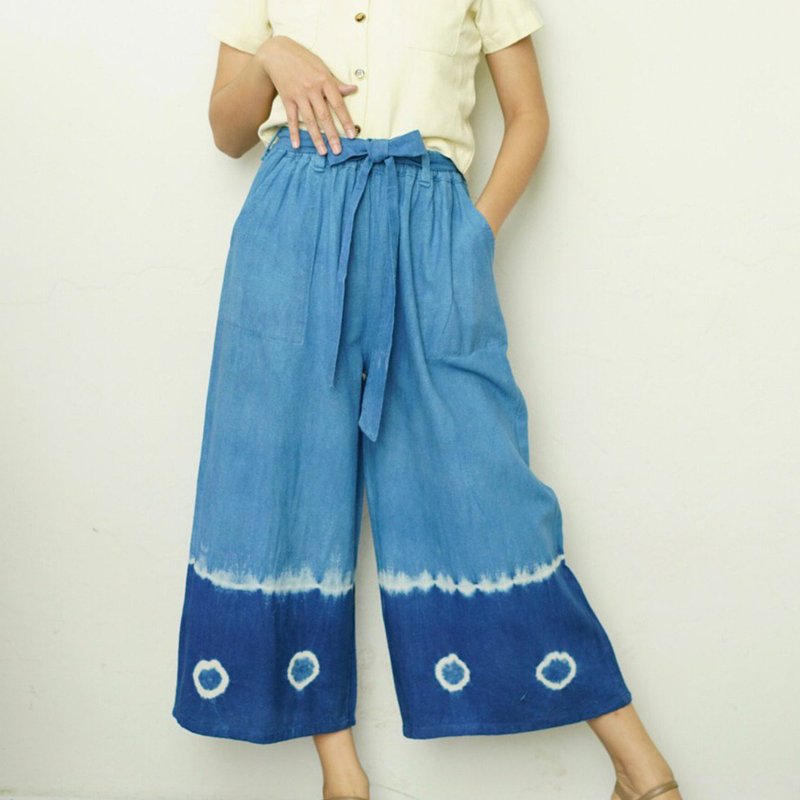 Tie Dye White Line Wide Leg Pants - 女長褲 - 棉．麻 藍色