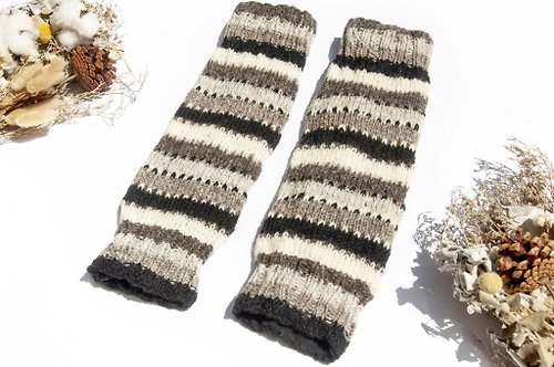 omhandmade 手織純羊毛針織襪套/編織羊毛襪套/內刷毛襪套/保暖襪套-咖啡條紋