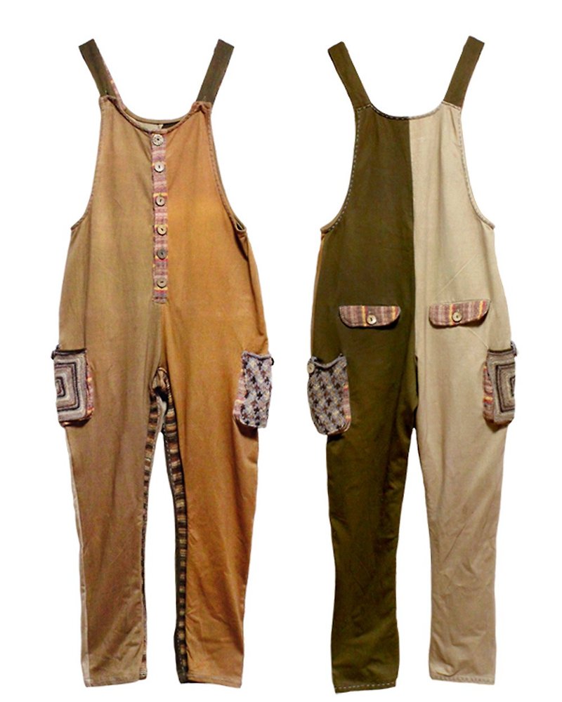 Bicolor handmade knitted pocket salopette - ชุดเดรส - ผ้าฝ้าย/ผ้าลินิน สีนำ้ตาล
