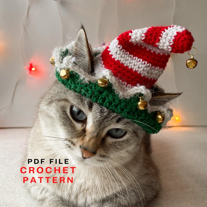Cat hat, crochet pattern, Elf Santa hat, hat for cat small dog, crochet cat hat - 手工藝教學/工具書 - 其他材質 