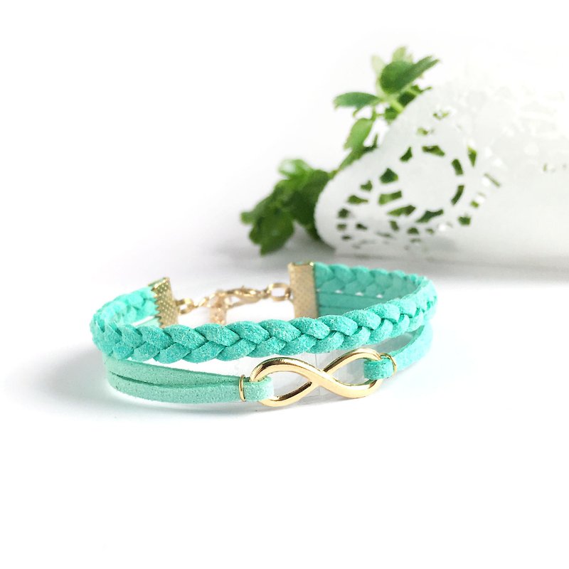 Handmade Double Braided Infinity Bracelets Rose Gold Series–mint green - สร้อยข้อมือ - วัสดุอื่นๆ สีเขียว