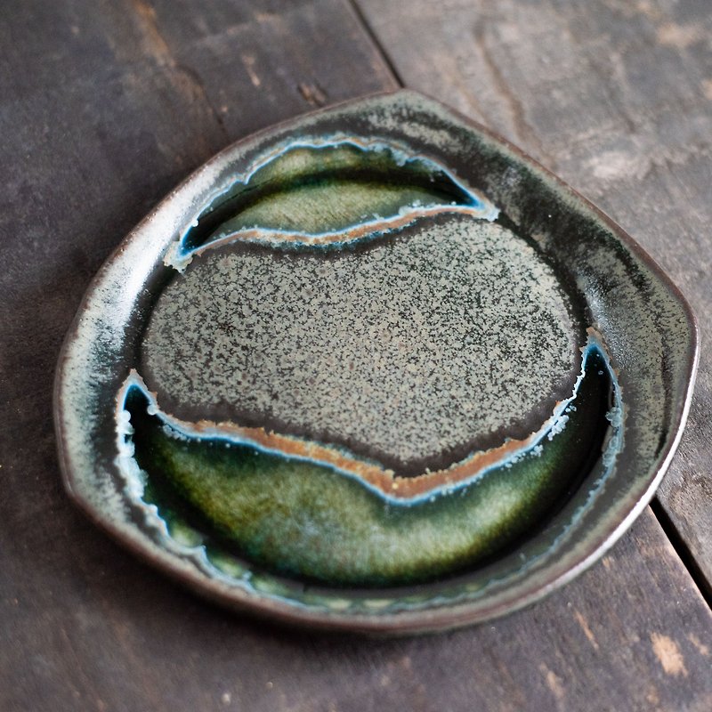 Sparkling Series-Dim Sum Tray Pot Continuing Appetizer Plate-Hand Kneading Pottery Tea Set Handmade Pottery - จานและถาด - ดินเผา สีเขียว