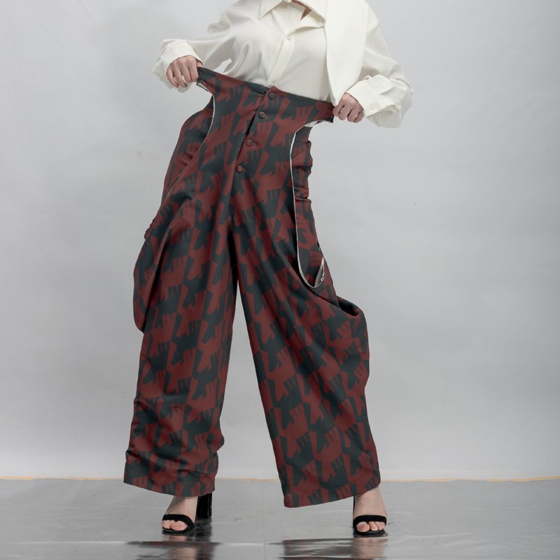 INF 假兩件腰鏤空垂墜印花寬褲 / 熾焰紅 - 女長褲 - 聚酯纖維 紅色