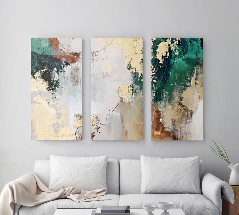 Green abstract painting |Triptych wall art abstract | Green Avalanche 2 Triptych - 壁貼/牆壁裝飾 - 棉．麻 綠色
