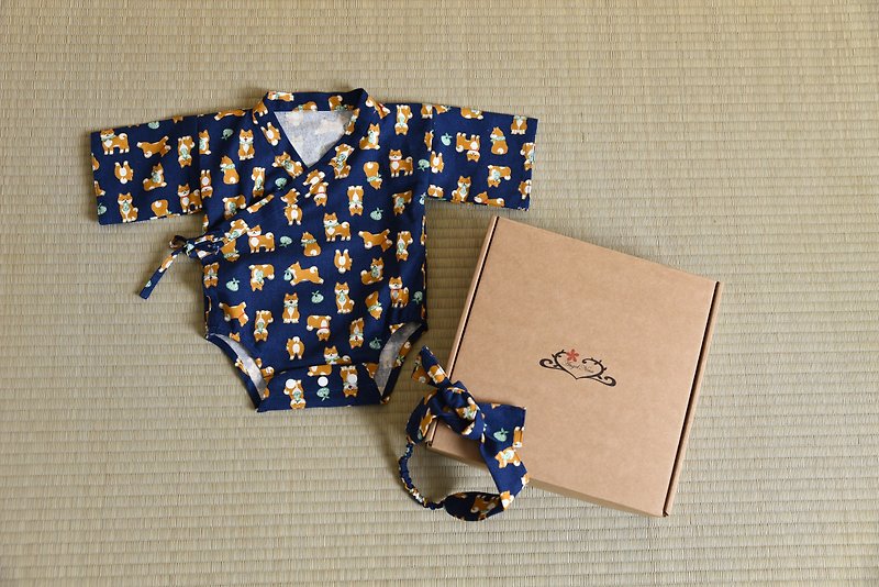 可愛日本柴犬 日式和風包屁衣禮盒組 - 彌月禮盒 - 棉．麻 藍色