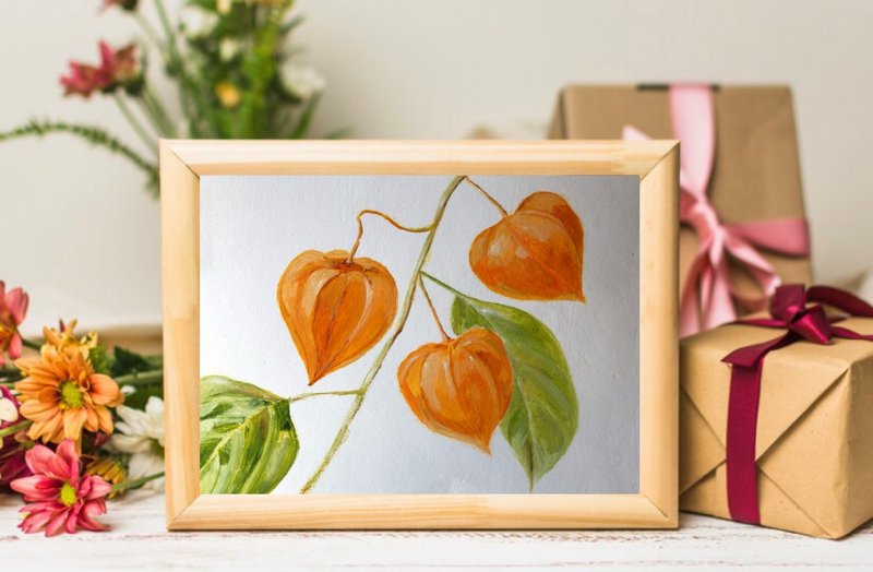 Physalis kitchen painting modern wall art 6x8 inches Original oil painting - 壁貼/牆壁裝飾 - 紙 橘色