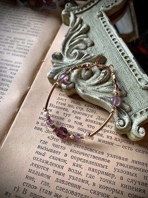 Philosopher's Stone鍊晶術 工作室 -收藏家-天然水晶手鍊 紫幽靈 天然淡水珍珠 復古黃銅手鍊
