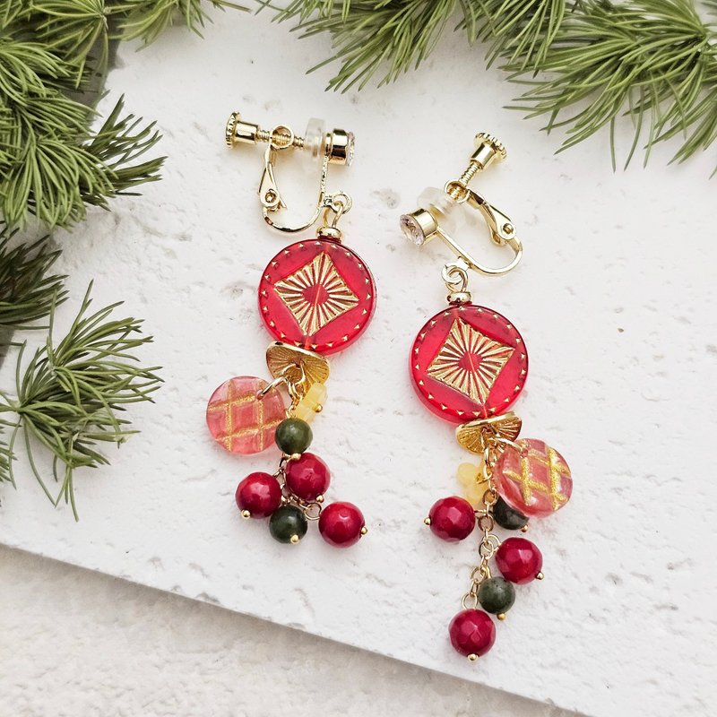 Snow Crystal Song x Red- Clip or Needle Earrings [Christmas] - Earrings & Clip-ons - Resin Red